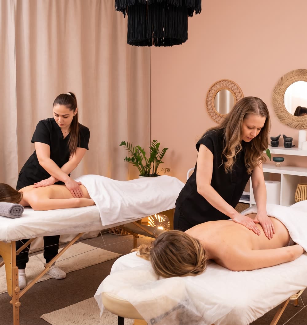 Masaż dla dwojga w studiu Massage 4 You w Poznaniu — dwie terapeutki pracują równolegle przy dwóch stołach