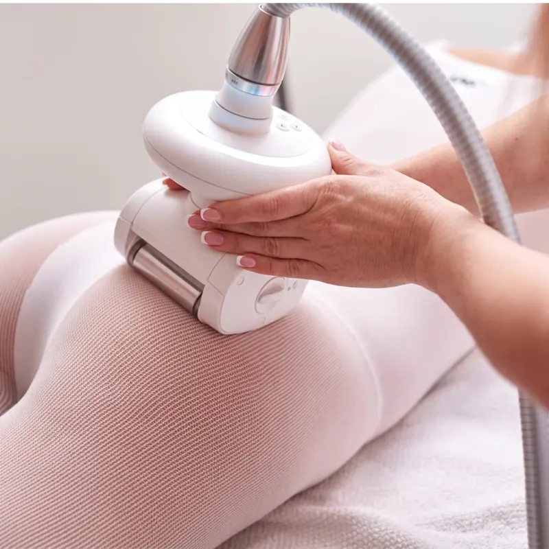 Endermologia - głowica z rolkami i podciśnieniem pracuje na udzie, zabieg w kombinezonie