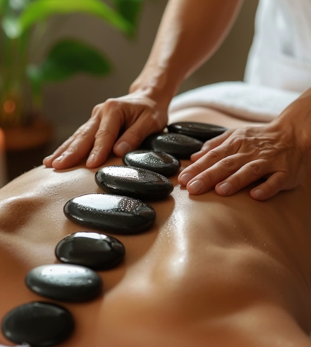 Masaż gorącymi kamieniami bazaltowymi ułożonymi wzdłuż kręgosłupa w studiu Massage 4 You w Poznaniu