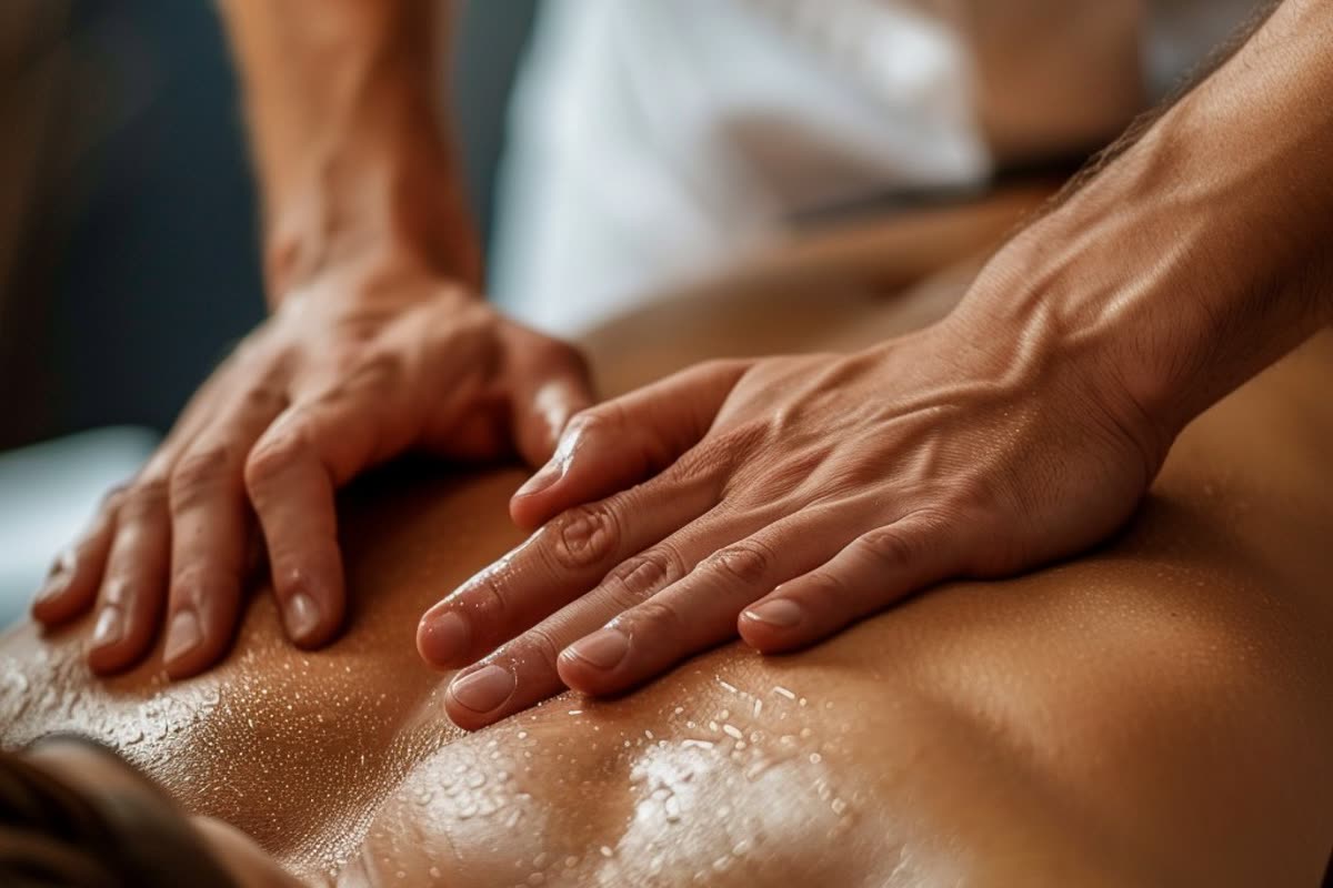 Masaż tkanek głębokich pleców — dłonie terapeuty pracują wolnym, precyzyjnym naciskiem w studiu Massage 4 You w Poznaniu