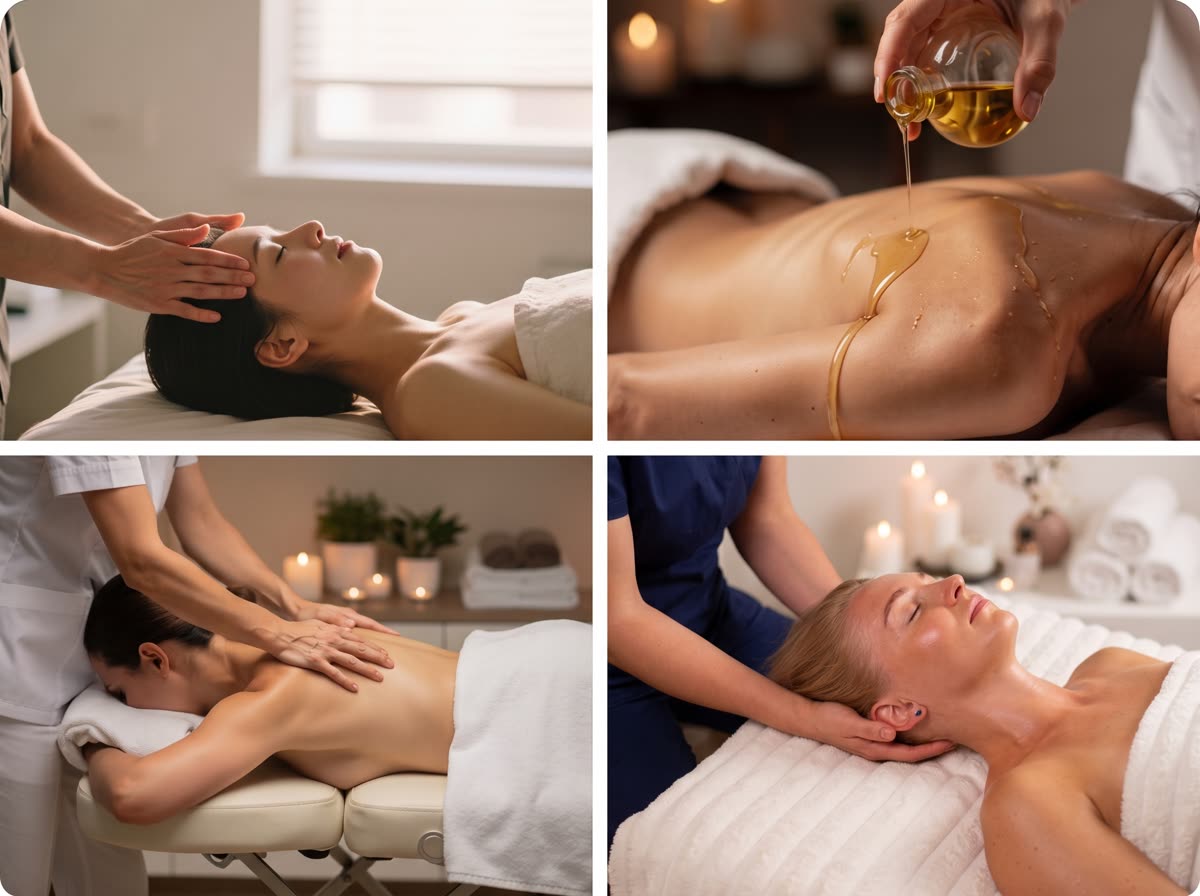 Cztery ujęcia z gabinetu Massage 4 You: praca nad twarzą i głową, olejek rozprowadzany przed masażem ciała, masaż pleców i rozluźnianie karku