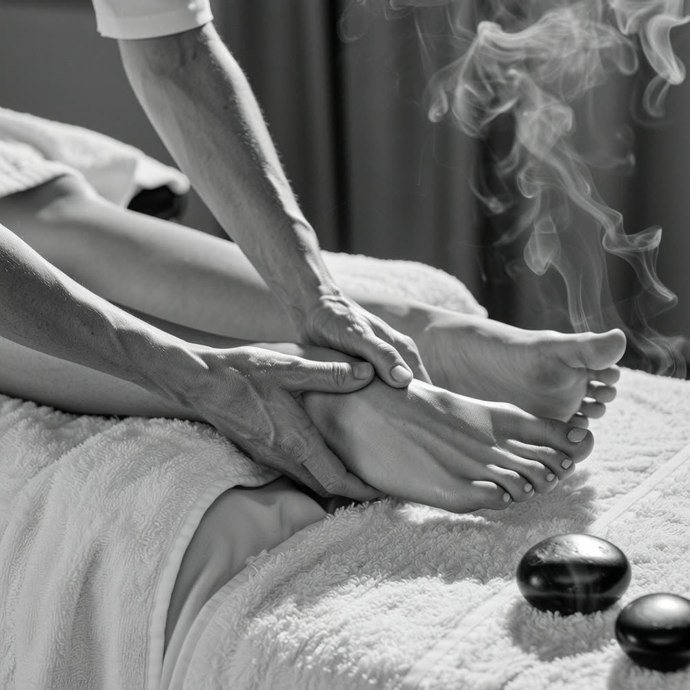 Masaż tajski stóp w studiu Massage 4 You w Poznaniu - dłonie terapeuty pracują nad stopą